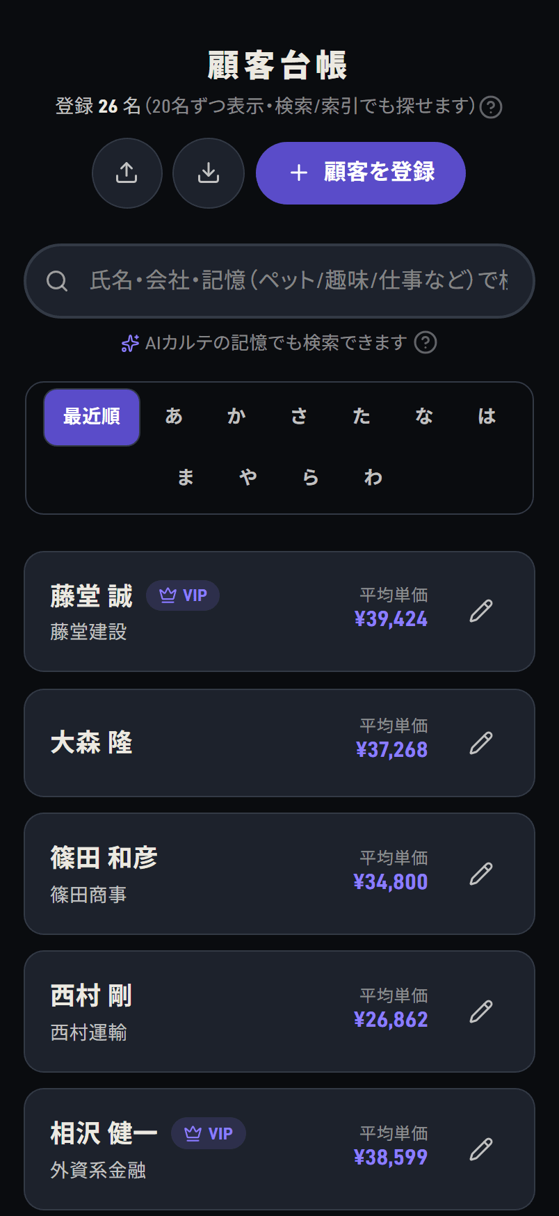 顧客台帳・申し送りの画面
